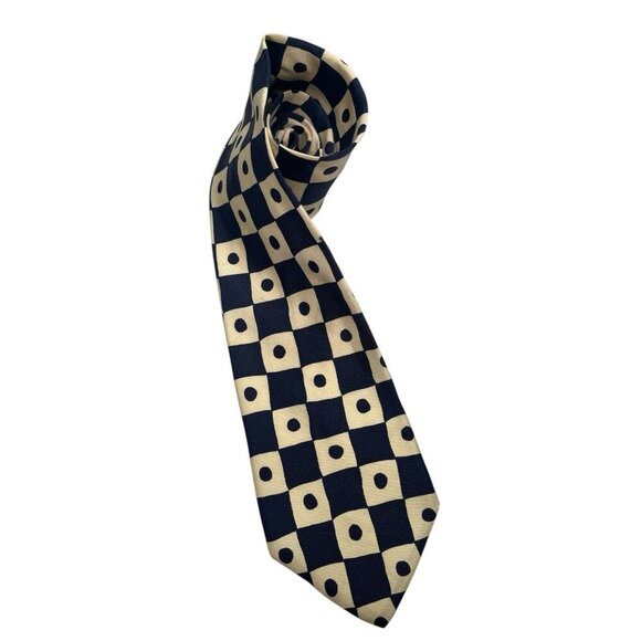 HUGO BOSS 100% SILK NAVY BLUE & IVORY GEOMETRIC Made In Italy - Picture 1 of 5